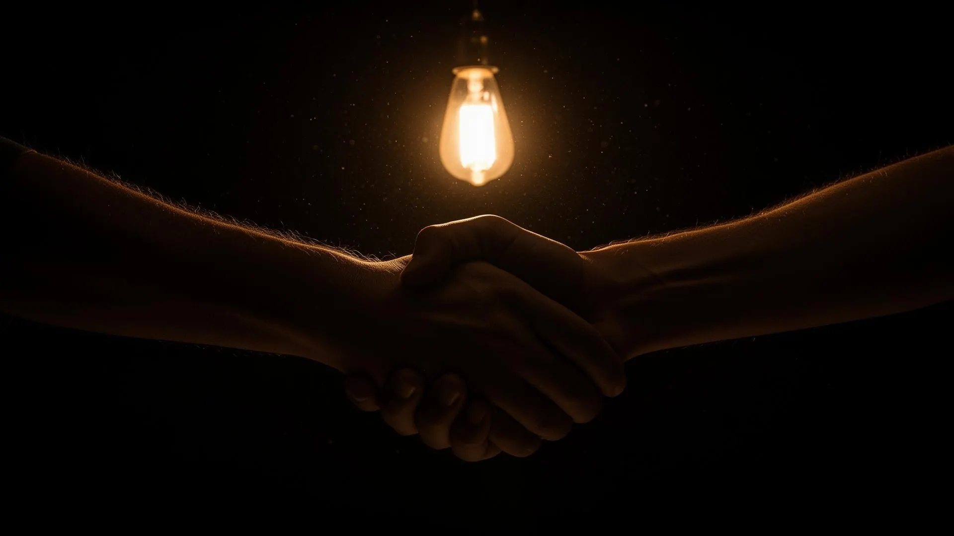 Two people shaking hands across a desk in partnership